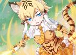 1girl animal_ear_fluff animal_ears animal_print bangs blonde_hair blue_eyes breasts commentary_request elbow_gloves extra_ears eyebrows_visible_through_hair frilled_skirt frills gloves hair_between_eyes holding holding_sheath holding_sword holding_weapon kemono_friends looking_at_viewer medium_breasts multicolored_hair necktie nyifu open_mouth plaid plaid_skirt print_gloves puffy_short_sleeves puffy_sleeves sheath short_sleeves sidelocks skirt smilodon_(kemono_friends) solo sword tail tiger_ears tiger_girl tiger_print tiger_tail twitter_username weapon white_hair yellow_necktie 