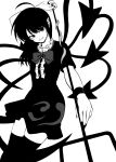  1girl arm_up arrow_(symbol) asymmetrical_wings bangs black_dress black_eyes black_footwear black_hair black_nails bow bowtie breasts buttons closed_mouth dress eyebrows_visible_through_hair grey_bow grey_bowtie greyscale hair_between_eyes hand_up highres houjuu_nue looking_at_viewer medium_breasts medium_hair monochrome shiguma_(signalmass) short_sleeves simple_background smile snake solo standing teeth thighhighs thighs touhou weapon white_background wings wristband zettai_ryouiki 