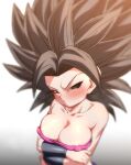  1girl areola_slip areolae arms_under_breasts big_hair black_eyes black_hair breasts caulifla cleavage collarbone covered_nipples dragon_ball dragon_ball_super half-closed_eyes pink_tube_top rom_(20) solo spiked_hair strapless sweat tube_top upper_body 