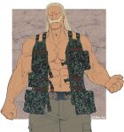  1boy abs bara bare_arms bare_shoulders belt boku_no_hero_academia brown_pants bulge camouflage camouflage_jacket facial_hair feet_out_of_frame jacket large_pectorals light_brown_hair long_hair male_focus mature_male muscular muscular_male mustache navel old old_man ono_(ohno_ha) open_clothes open_jacket pants pectoral_cleavage pectorals sidepec sleeveless sleeveless_jacket snatch_(boku_no_hero_academia) solo stomach thick_eyebrows veins 