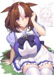  1girl ahoge animal_ears arm_support bow bowtie breasts brown_hair cowboy_shot grass hair_between_eyes hairband hand_up horse_ears horse_girl horse_tail large_breasts long_hair looking_at_viewer meisho_doto_(umamusume) minamon_(vittel221) multicolored_hair parted_lips pleated_skirt purple_bow purple_bowtie red_eyes red_hairband school_uniform short_hair simple_background sitting skirt streaked_hair tail thighhighs thighs umamusume white_background white_hair white_legwear white_skirt 