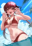  1girl absurdres arms_up bangs beach bikini breasts cleavage ear_piercing earrings fang gao highres hololive houshou_marine jewelry kojy large_breasts looking_at_viewer multicolored_eyes navel necklace open_mouth piercing red_bikini red_eyes red_hair skin_tight skindentation solo swimsuit twintails underboob virtual_youtuber wading water wet yellow_eyes 