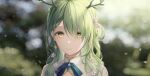  1girl absurdres bangs blurry blurry_background branch brocollie ceres_fauna earrings flower green_hair green_neckwear green_ribbon hair_flower hair_ornament highres hololive hololive_english jewelry long_hair looking_at_viewer mole mole_under_eye ribbon smile solo virtual_youtuber yellow_eyes 