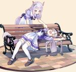  2girls :d =_= animal_ears bangs bench blunt_bangs blush bow bowtie brown_footwear closed_eyes commentary ear_ribbon gold_ship_(umamusume) highres horse_ears horse_girl horse_tail loafers long_hair lying mejiro_mcqueen_(umamusume) miniskirt multiple_girls on_back on_bench open_mouth park_bench pleated_skirt puffy_short_sleeves puffy_sleeves purple_bow purple_bowtie purple_eyes purple_hair purple_shirt sailor_collar sailor_shirt sakino_shingetsu school_uniform shirt shoes short_sleeves skirt sleeping smile summer_uniform tail thighhighs tracen_school_uniform umamusume white_legwear white_sailor_collar white_skirt 