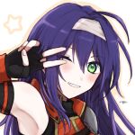  1girl ahoge armpits black_gloves blush commentary_request detached_sleeves fingerless_gloves fire_emblem fire_emblem:_path_of_radiance gloves green_eyes grin hair_intakes headband highres long_hair long_sleeves mia_(fire_emblem) misato_hao one_eye_closed portrait purple_hair shadow shiny shiny_hair signature single_shoulder_pad smile solo v_over_eye white_background white_headband 