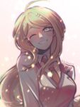  1girl ahoge akamatsu_kaede bangs blonde_hair blurry blush breasts commentary_request danganronpa_(series) danganronpa_v3:_killing_harmony dokudokudoku hair_ornament highres long_hair long_sleeves looking_at_viewer musical_note musical_note_hair_ornament necktie one_eye_closed school_uniform shirt simple_background smile solo sweater_vest upper_body white_shirt 