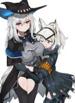  2girls absurdres animal_ears arknights ascot black_capelet black_gloves black_headwear black_pants breasts capelet closed_mouth clothing_cutout commentary_request cowboy_shot gloves grani_(arknights) grey_ascot hair_between_eyes hat highres horse_ears hug jacket large_breasts long_hair looking_at_viewer multiple_girls one_eye_closed open_mouth pants police police_uniform ponytail poyason purple_eyes red_eyes shirt silver_hair simple_background skadi_(arknights) thigh_cutout uniform visor_lift white_background 