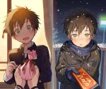  2boys bangs black_jacket blush brown_coat brown_hair buttons candy chocolate chocolate_bar coat commentary_request curtains food gift_bag gloves green_eyes hair_between_eyes hand_up head_tilt highres holding holding_chocolate holding_food incoming_gift indoors jacket looking_at_viewer male_focus multiple_boys night open_mouth original outdoors pillow_(nutsfool) pov ribbon scarf shirt short_hair snow snowing solo_focus sweat sweatdrop tongue valentine window 