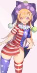  1girl american_flag_dress ass_visible_through_thighs blonde_hair clownpiece hat jester_cap long_hair looking_at_viewer neck_ruff no_panties open_mouth pink_eyes polka_dot purple_headwear simple_background skirt_hold smile solo star_(symbol) star_print striped thighhighs touhou z.o.b 