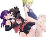  artoria_pendragon_(all) ass black_hair blonde_hair breast_grab breasts demag detached_sleeves fate/stay_night fate_(series) grabbing hair_ribbon incest large_breasts long_hair long_sleeves matou_sakura miniskirt multiple_girls name_tag one-piece_swimsuit panties pantyshot pleated_skirt purple_eyes purple_hair ribbon saber school_swimsuit skirt small_breasts swimsuit toosaka_rin turtleneck two_side_up underwear white_panties yuri 