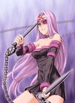  blindfold breasts chain covered_nipples dress facial_mark fate/stay_night fate_(series) forehead_mark g-tetsu grin lifting_mask long_hair medium_breasts nameless_dagger peeking rider smile solo strapless strapless_dress thighhighs very_long_hair weapon 