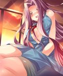  bare_shoulders blue_dress blush breasts center_opening cleavage dress drunk fate/stay_night fate_(series) foreshortening indoors large_breasts long_hair looking_at_viewer nose_blush open_mouth pink_eyes pink_hair rider shiranagi simple_background sitting solo very_long_hair yokozuwari 