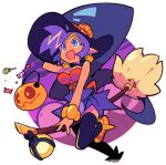  1girl :d absurdres bacun blue_eyes breasts broom broom_riding candy earrings english_commentary food halloween_bucket halloween_costume hat highres jewelry large_breasts open_mouth pointy_ears purple_eyes shantae shantae_(series) smile solo thighhighs transparent_background witch witch_hat 