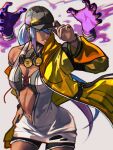  1girl bangs breasts choker cleavage earrings green_eyes hair_between_eyes hat highres isla_(kof) jacket jewelry long_hair looking_at_viewer mask mask_around_neck medium_breasts multicolored_hair navel ponytail simple_background solo syachiiro the_king_of_fighters the_king_of_fighters_xv upper_body 