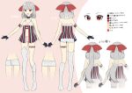  1girl :d bangs black_gloves boots bow character_sheet cleavage_cutout clothing_cutout color_guide commentary_request fang from_behind full_body gloves grey_background grey_hair grey_legwear grey_shorts hair_bow half_gloves knee_boots konogi_nogi long_hair mirai_akari&#039;s_new_virtual_youtuber_illustration_contest multiple_views navel open_mouth original red_bow red_eyes short_shorts shorts single_knee_boot single_thigh_boot single_thighhigh smile standing standing_on_one_leg striped thigh_boots thigh_strap thighhighs translation_request vertical_stripes virtual_youtuber 