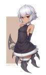  1girl absurdres aomoro bangs bare_shoulders black_dress black_rock_shooter breasts brown_background collarbone collared_dress commentary_request covered_collarbone dark-skinned_female dark_skin dated dress eyebrows_visible_through_hair grey_hair hair_between_eyes highres looking_at_viewer red_eyes short_hair sleeveless sleeveless_dress small_breasts solo strength_(black_rock_shooter) thighhighs two-tone_background white_background 