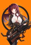  1girl absurdres bangs black_gloves black_legwear bullpup commentary_request girls&#039;_frontline gloves gun highres holding holding_gun holding_weapon jacket long_hair looking_at_viewer necktie noir_(4chan) purple_eyes purple_hair revision rifle sniper_rifle solo torn_clothes torn_legwear wa2000_(girls&#039;_frontline) walther walther_wa_2000 weapon 