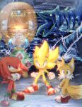  1girl 3boys :o animal_nose blue_eyes chaos_(sonic) clenched_hands flood furry furry_male gloves kaijuu knuckles_the_echidna multiple_boys multiple_tails own_hands_together praying purple_eyes rain red_eyes red_footwear serious shoes sneakers sonic_(series) sonic_adventure sonic_the_hedgehog spirit standing super_sonic tail tails_(sonic) tikal_the_echidna tondamanuke two_tails water wet white_gloves 