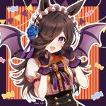  1girl animal_ears bat_wings blue_flower blue_rose breasts brooch brown_hair center_frills fangs film_strip flower frills gloves hair_over_one_eye halloween_costume horse_ears horse_girl iro_178 jewelry long_hair looking_at_viewer make_up_in_halloween!_(umamusume) official_alternate_costume open_mouth puffy_short_sleeves puffy_sleeves purple_eyes rice_shower_(umamusume) rose short_sleeves small_breasts solo teeth umamusume upper_teeth wings 