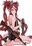  1girl :3 ak-47 akm animal_ears assault_rifle bare_legs bare_shoulders barefoot belt black_choker black_panties black_shirt brown_belt cat_ears choker closed_mouth extra_ears eyepatch feifei_(fkey) fkey from_behind gun hand_up handgun highres kalashnikov_rifle long_hair looking_at_viewer looking_back one_eye_covered original panties pistol red_eyes red_hair rifle sanpaku seiza shirt simple_background sitting slit_pupils smile solo twintails underwear very_long_hair weapon white_background 