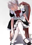  1girl adjusting_footwear animal_ears apron black_dress black_footwear bow bowtie cat_ears chair closed_mouth crossed_legs dress feiqizi_(fkey) fkey grey_hair highres maid maid_apron mary_janes on_chair original pantyhose pinafore_dress pink_eyes ponytail puffy_short_sleeves puffy_sleeves red_bow red_bowtie revision shoes short_sleeves simple_background sitting solo white_apron white_background white_legwear 