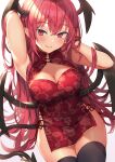  1girl armpits arms_up bangs black_legwear blush breasts cleavage cleavage_cutout closed_mouth clothing_cutout commentary_request cowboy_shot demon_girl demon_tail demon_wings dress eyebrows_visible_through_hair floral_print hands_in_hair head_wings highres koakuma long_hair looking_at_viewer medium_breasts panty_straps partial_commentary pink_eyes pointy_ears print_dress red_dress red_hair short_dress simple_background skindentation sleeveless sleeveless_dress smile solo tail thighhighs thighs touhou very_long_hair white_background wings wowoguni 