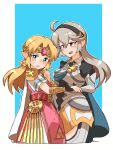  2girls absurdres armor blonde_hair blush breasts cape corrin_(fire_emblem) corrin_(fire_emblem)_(female) fingerless_gloves fire_emblem fire_emblem_fates gloves hair_between_eyes hair_ornament hairband headpiece highres hug long_hair looking_at_viewer multiple_girls omura_zojiki open_mouth pointy_ears princess_zelda red_eyes silver_hair simple_background smile super_smash_bros. the_legend_of_zelda the_legend_of_zelda:_a_link_between_worlds white_hair yuri 