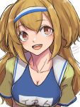  1girl blue_swimsuit breasts brown_eyes brown_jacket cleavage commentary_request hairband highres i-26_(kancolle) jacket kantai_collection large_breasts light_brown_eyes light_brown_hair long_hair looking_at_viewer name_tag new_school_swimsuit one-hour_drawing_challenge open_mouth round_teeth sailor_collar school_swimsuit school_uniform serafuku short_sleeves simple_background smile solo swimsuit swimsuit_under_clothes teeth two-tone_hairband two_side_up umibudou upper_body upper_teeth white_background 