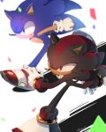  2boys animal_nose bracelet furry furry_male gloves green_eyes jewelry male_focus multiple_boys red_eyes running shadow_the_hedgehog shoes simple_background smile sneakers sonic_(series) sonic_the_hedgehog tondamanuke white_gloves 