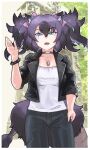  absurdres alternate_costume animal_ears big_hair black_choker black_hair black_jacket black_pants blue_eyes bow casual cerberus_(kemono_friends) choker collarbone cowboy_shot dog_ears dog_girl dog_tags dog_tail eyebrows_visible_through_hair hair_bow highres jacket kemono_friends long_hair long_sleeves looking_at_viewer multicolored_hair nail_polish pants purple_bow purple_choker purple_hair scar scar_across_eye shirt sleeves_rolled_up tail toriny waving white_shirt 