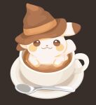  :3 blush_stickers brown_eyes brown_headwear closed_mouth cup hat hatted_pokemon liquid looking_at_viewer looking_up pikachu pokemon pokemon_(creature) rizu_(rizunm) saucer smile solo spoon teacup twitter_username 