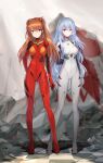  2girls absurdres ayanami_rei blue_eyes bodysuit breasts commentary_request evangelion:_3.0+1.0_thrice_upon_a_time full_body gekka_nanako hairpods highres interface_headset long_hair medium_breasts multiple_girls neon_genesis_evangelion orange_hair pilot_suit plugsuit rebuild_of_evangelion red_bodysuit red_eyes souryuu_asuka_langley standing very_long_hair 