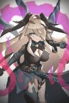 1girl absurdres ahoge asymmetrical_legwear bangs belt blonde_hair breasts cleavage closed_mouth clothing_cutout commentary_request dragalia_lost dress film_grain gonzarez hair_ornament hair_over_one_eye highres jewelry large_breasts long_hair looking_at_viewer mismatched_legwear navel_cutout smoke solo thighhighs zethia 