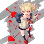  1girl absurdres annmitsu114 backpack bag bags_under_eyes bangs black_legwear blonde_hair blood blood_splatter blue_sailor_collar blue_skirt blunt_bangs boku_no_hero_academia brown_footwear cardigan clenched_hand double_bun fangs from_above full_body grey_background hair_up hands_up highres holding holding_knife holding_weapon kneehighs knife loafers looking_away messy_hair narrowed_eyes neckerchief pleated_skirt red_neckerchief sailor_collar school_uniform serafuku shiny shiny_hair shoes sidelocks skirt smile socks solo standing teeth toga_himiko weapon white_background yellow_cardigan yellow_eyes 