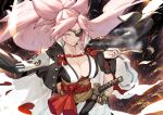  1girl baiken breasts cleavage duplicate guilty_gear guilty_gear_xrd highres holding holding_pipe japanese_clothes kimono kureta_(nikogori) large_breasts long_hair obi one-eyed open_clothes open_kimono pink_eyes pink_hair pipe pixel-perfect_duplicate ponytail samurai sash scar scar_across_eye scar_on_face sheath sheathed solo tattoo weapon 