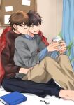  2boys absurdres ace_of_diamond aiaipoponta0605 bangs black_pants blush brown_eyes brown_hair brown_pants brown_shirt closed_mouth coffee coffee_cup couple cup disposable_cup glasses grey_shirt hands_on_another&#039;s_hips highres holding holding_cup hug hug_from_behind miyuki_kazuya multiple_boys open_mouth pants sawamura_eijun shirt short_hair sideburns sitting smile yaoi 