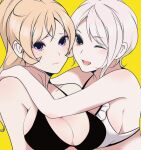  2girls black_bra blonde_hair blush bra breasts embarrassed eyebrows_visible_through_hair hair_ornament hairclip highres hug large_breasts multiple_girls nakiri_alice nakiri_erina one_eye_closed ponytail purple_hair red_eyes s2kns1 shokugeki_no_souma short_hair sideboob underwear white_bra white_hair 