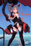  1girl anniversary ass back bare_shoulders black_panties blue_sky bronya_zaychik bronya_zaychik_(black_nucleus) closed_mouth contrapposto day drill_hair feet_out_of_frame fkey from_behind grey_hair highres honkai_(series) honkai_impact_3rd horizon looking_at_viewer looking_back outdoors panties red_eyes sky solo standing twin_drills twintails underwear 