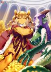  2girls :3 animal_hands areola_slip areolae bangs blush boots breasts butter-t cleavage coin colored_sclera colored_skin commentary creeping_coin_(monster_girl_encyclopedia) dragon_(monster_girl_encyclopedia) dragon_girl dragon_wings drill_hair elbow_gloves english_commentary gloves gold green_wings hair_between_eyes hand_on_another&#039;s_chin head_fins high_heel_boots high_heels horns large_breasts long_hair looking_at_another looking_at_viewer monster_girl monster_girl_encyclopedia multiple_girls navel nipple_slip nipples purple_hair red_sclera revealing_clothes scales smile thighhighs tongue tongue_out twin_drills white_gloves wings yellow_eyes yellow_legwear yellow_skin 