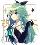  1girl aqua_eyes bangs black_gloves black_ribbon black_serafuku blush braid closed_mouth elbow_gloves gloves green_hair green_neckerchief hair_between_eyes hair_flaps kantai_collection long_hair neckerchief ponytail remodel_(kantai_collection) ribbon school_uniform serafuku solo twin_braids upper_body white_background yamakaze_(kancolle) yamakaze_kai_ni_(kancolle) yukichi_(eikichi) 