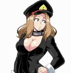  1girl ;p animated animated_gif arms_under_breasts black_bodysuit blonde_hair bodysuit boku_no_hero_academia breasts brown_eyes cleavage commentary english_commentary hat large_breasts latex latex_bodysuit lewdamone lips long_hair nipples no_bra one_eye_closed open_bodysuit parted_lips peaked_cap solo superhero tongue tongue_out unzipped unzipping utsushimi_kemii zipper_pull_tab 