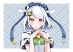  1girl animal_ears animal_print bell blue_bow blush border bow bracelet closed_mouth cow_ears cow_print cowbell hair_bow hat interlocked_fingers jewelry konogi_nogi looking_at_viewer medium_hair original own_hands_together red_eyes short_sleeves smile solo upper_body white_border white_hair 