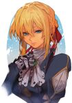  1girl ascot bangs blonde_hair blue_background blue_eyes border braid brooch crown_braid french_braid hair_between_eyes hand_on_own_chest hungry_clicker jewelry lips mechanical_hands outside_border red_ribbon ribbon solo upper_body violet_evergarden violet_evergarden_(series) white_border 
