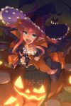  1girl asymmetrical_horns bangs black_cat blue_eyes blush breasts cat curled_horns dragon_girl dragon_horns dragon_tail dress echo_(circa) elizabeth_bathory_(fate) elizabeth_bathory_(halloween_caster)_(fate) fate/grand_order fate_(series) halloween hat horns jack-o&#039;-lantern long_hair looking_at_viewer open_mouth pink_hair pointy_ears small_breasts solo striped striped_dress tail vertical-striped_dress vertical_stripes witch_hat 