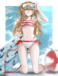  1girl absurdres bad_id bad_pixiv_id ball bare_shoulders beachball bikini blue_eyes blush diving_mask diving_mask_on_head goggles goggles_on_head hair_ornament highres innertube long_hair looking_at_viewer muu_(muu_shiromiya) navel neon_genesis_evangelion orange_hair red_bikini simple_background smile snorkel solo souryuu_asuka_langley striped striped_bikini swimsuit white_bikini 