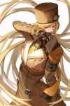 1girl armband belt blue_eyes brown_coat buttons coat covering_mouth fingerless_gloves fur_hat gloves guilty_gear guilty_gear_strive hand_over_own_mouth hat highres long_hair looking_to_the_side millia_rage multiple_belts nasubin_(user_tjyp5584) scarf simple_background solo ushanka very_long_hair white_background yellow_scarf 