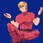  1boy artist_name belt blonde_hair blue_background boots cobra_(space_adventure_cobra) crossed_ankles hand_up isomine male_focus medium_hair pants red_footwear red_pants red_shirt shirt sideburns simple_background sitting smile solo space_adventure_cobra toned toned_male wristband 