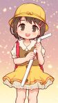  1girl backpack bag bendy_straw brown_eyes brown_hair drinking_straw hair_ornament hairclip hat lasto legs looking_at_viewer mascot open_mouth oversized_object personification product_girl randoseru short_hair solo yellow_headwear yukico-tan yukijirushi 