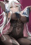  1girl absurdres aegir_(azur_lane) armpits arms_up azur_lane bodystocking breast_curtains breasts denchu_(kazudentyu) hair_on_horn highres horns kneeling large_breasts navel revision see-through see-through_shirt thick_thighs thighs underboob white_hair yellow_eyes 