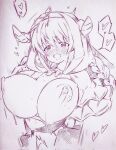  1girl bangs blush bouncing_breasts braid breasts commentary_request draph granblue_fantasy hairband heart highres horns huge_breasts implied_sex lamretta monochrome motion_lines nipples open_mouth saliva solo sweat tears traditional_media tsukareta_san twin_braids 